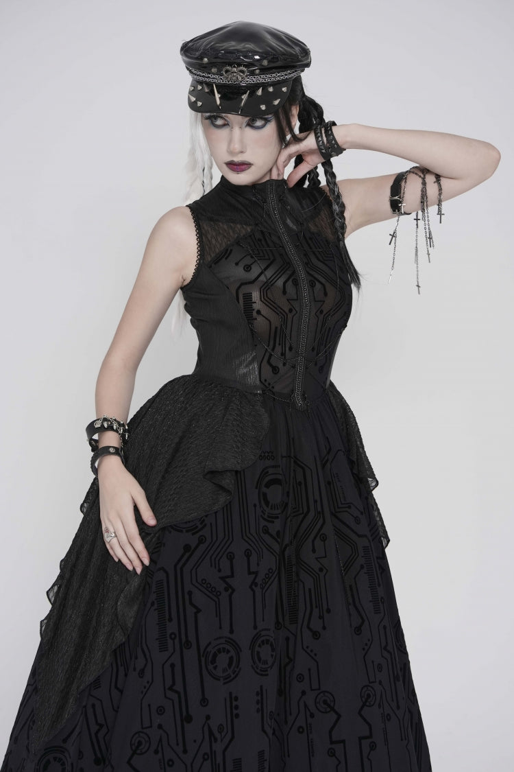 Stand Collar Sleeveless Multi-Layered Printed Sheer Punk Elegant Gorgeous Dress