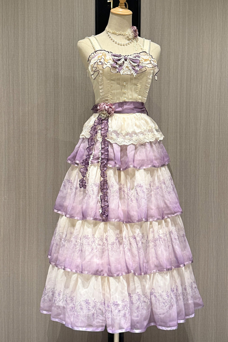 Violet Lilac Thoughts Sleeveless Gradient Multi Printed Ruffled Lace Dress Set