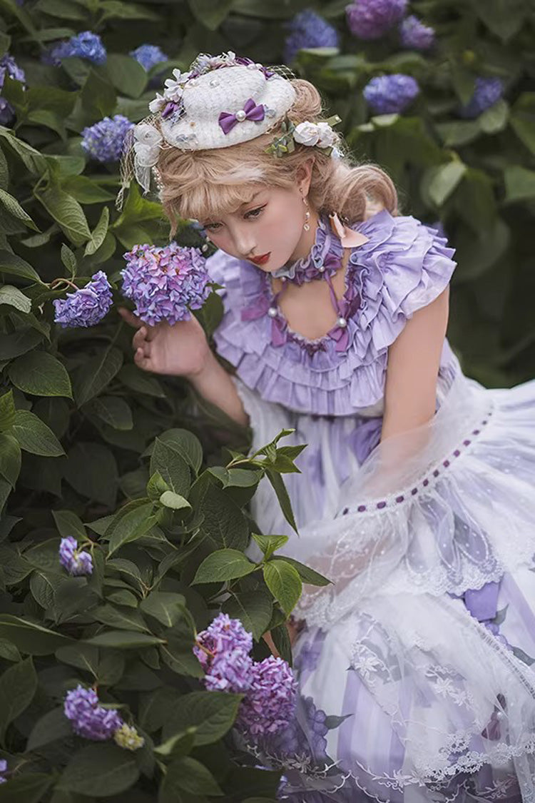 Endless Summer Violet Round Collar Hime Sleeves Printed Ruffled Bow Lace Lolita Dress - Endless Summer