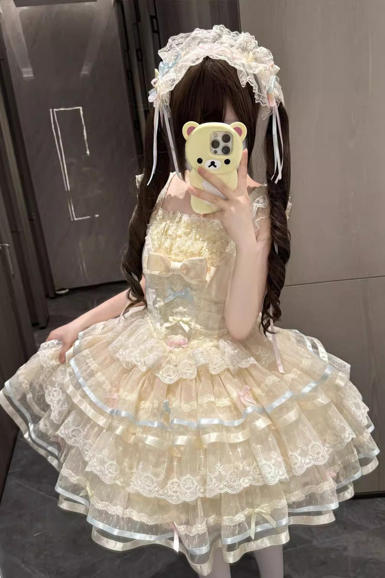 Ballet Apricot Triple-Layer Ruffle Bow Lace Sweet Lolita JSK Dress