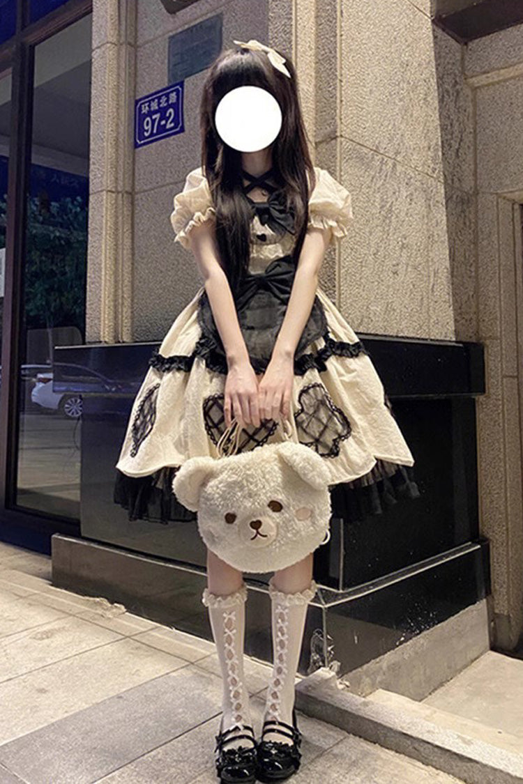Ivory Short Sleeve Multi-Layer Ruffled Bow Sweet Princess Lolita Gown