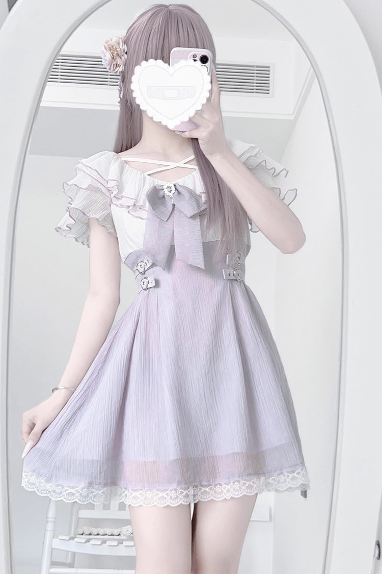Mauve Ruffled Bow Lace Short-Sleeve Japanese Street Style Dress