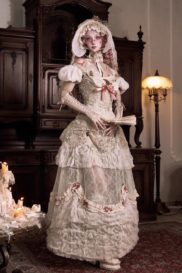 Light Brown Cupid’s Poetry Box Boat Neck Short Puff Sleeves Ruffled Cut-Out Embroidered Bow Lace Gothic Elegant Lolita Skirt Dress and Top Set