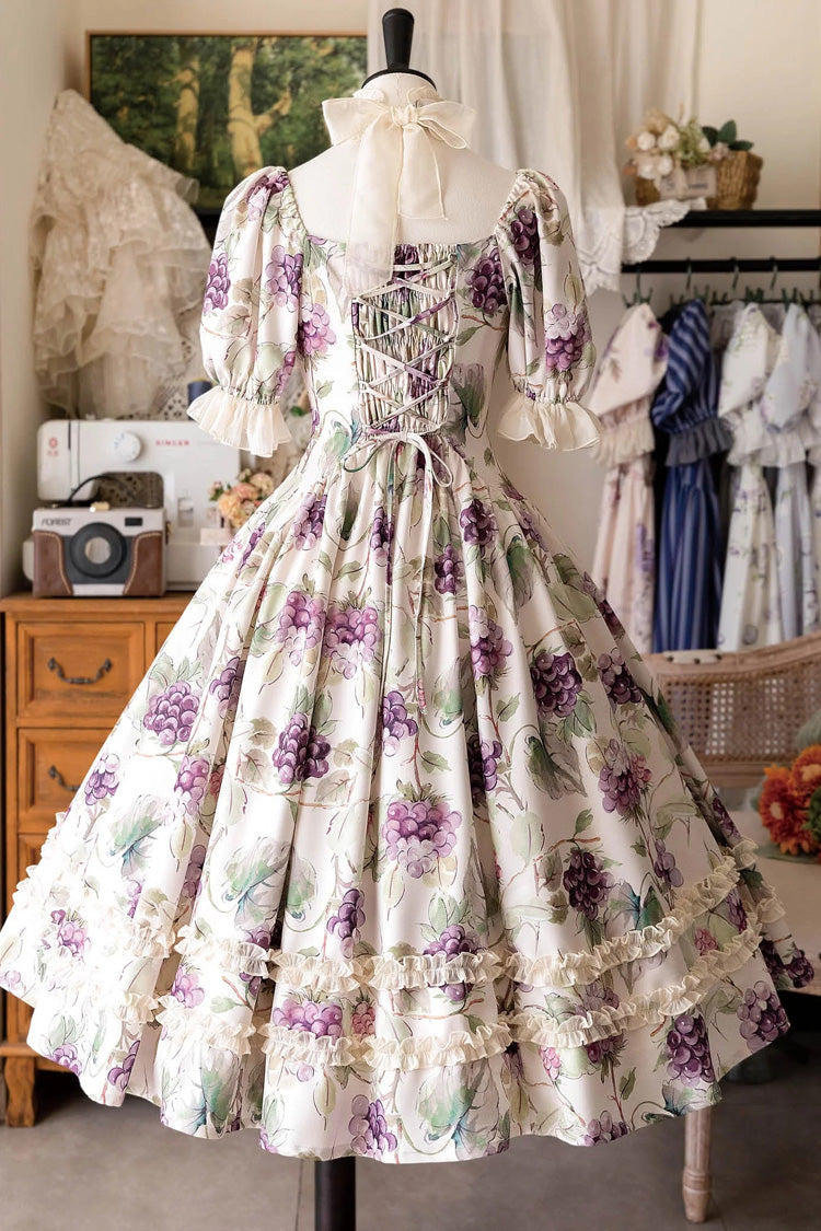 Short Sleeves Grape Printed Dress - Basket of the Forest