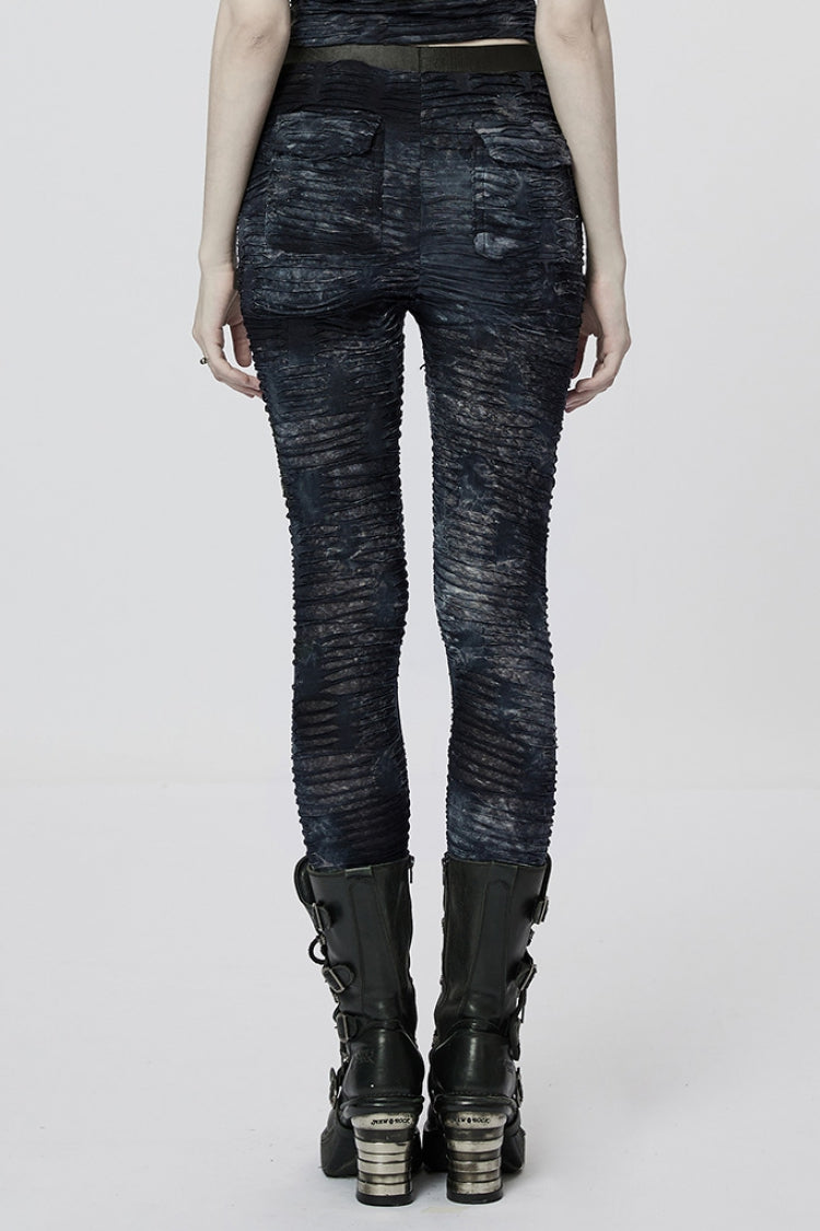 Slim Ripped Tie-Dyed Metal Loop Steampunk Leggings, Two Shades