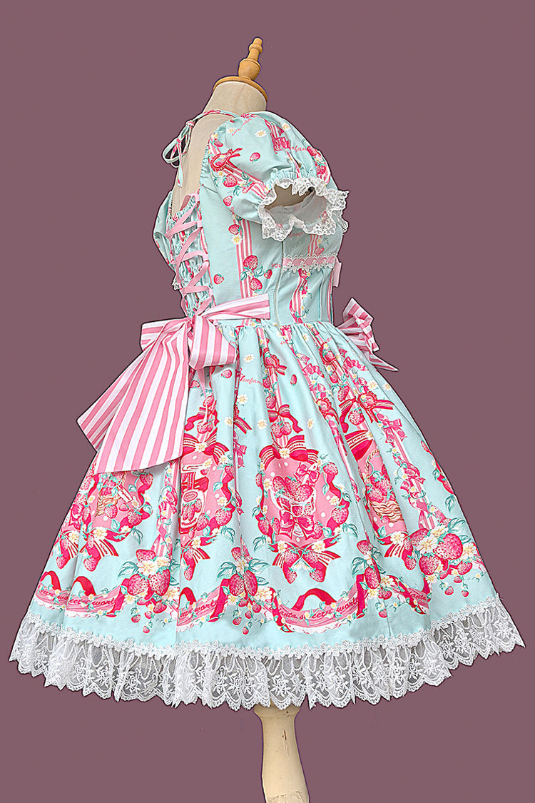 Printed Bowknot Lace Sweet Dress with Short Sleeves - Strawberry Chef