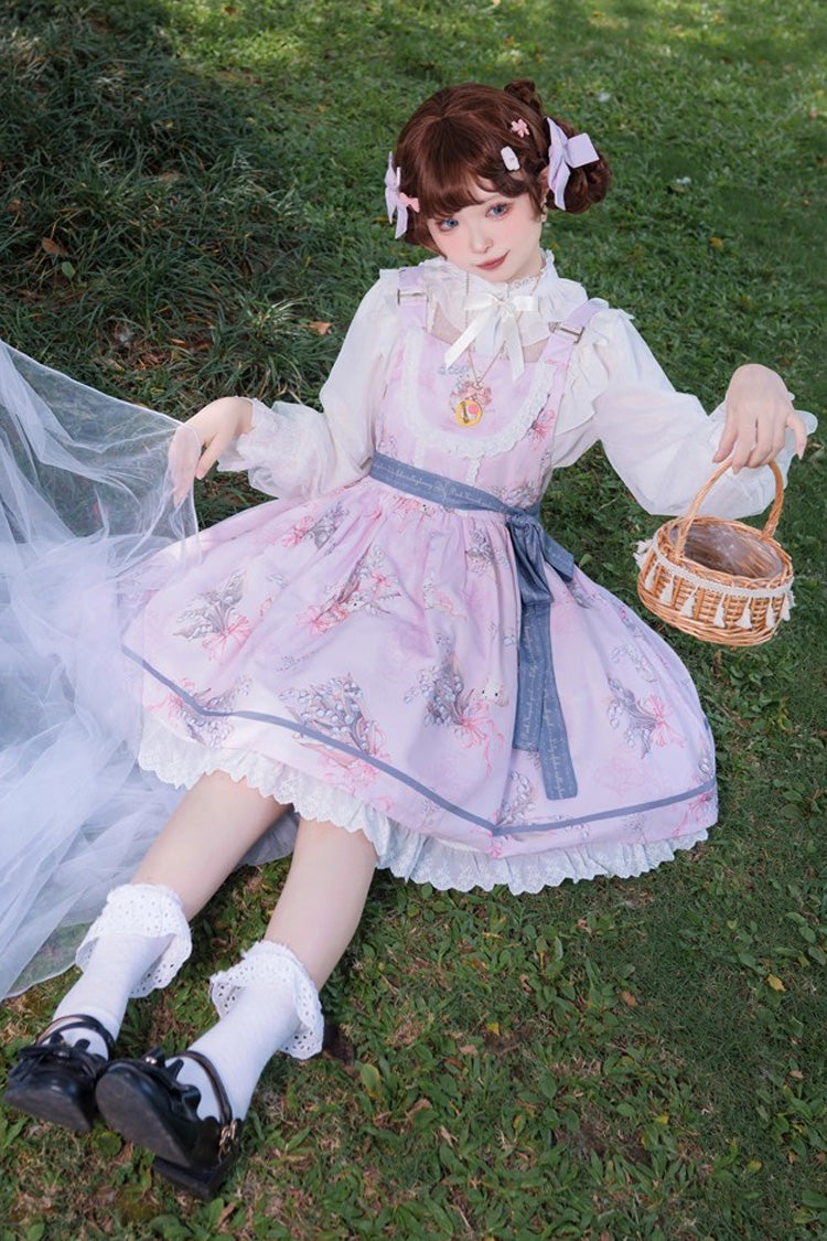Sleeveless Print Ruffle Daily Sweet Lolita Strap Dress Pink