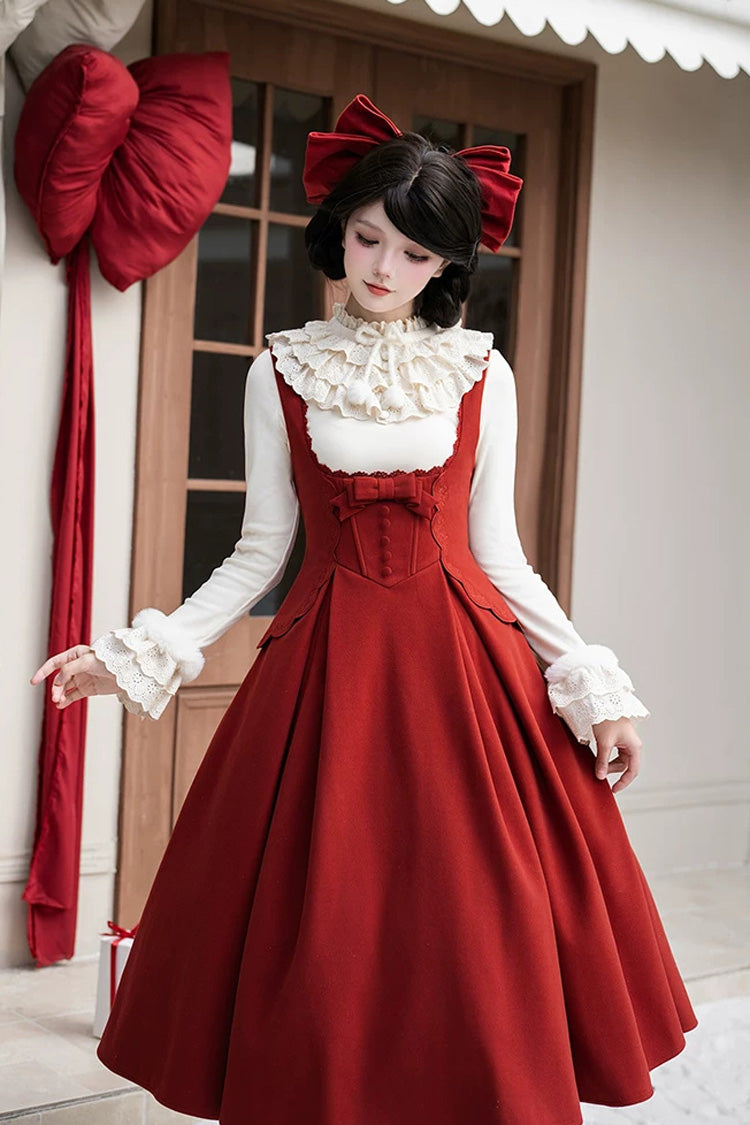 Classic Elegant Lolita Bandeau Dress with Embroidered Bow - Red