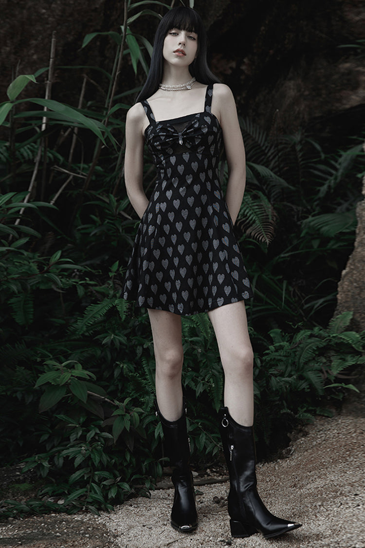 Heart Print Suspender Hollow Mesh PU Buckle Bow Dress - Punk