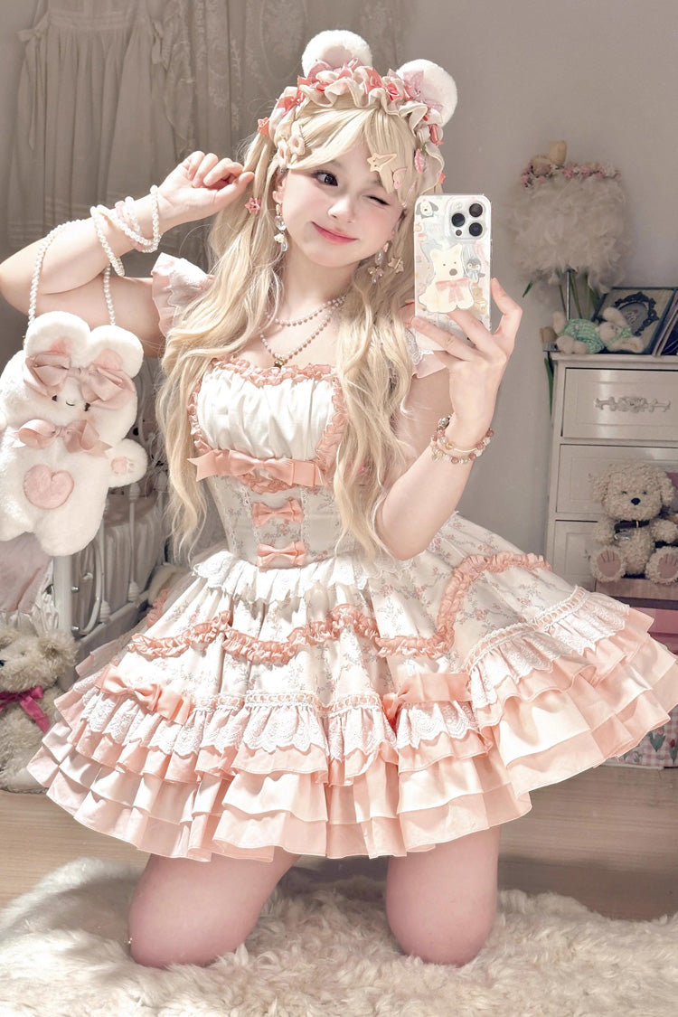 Floral Printed Multi-Layer Lace Sweet Lolita Tiered Dress - Ruffled Bowknot