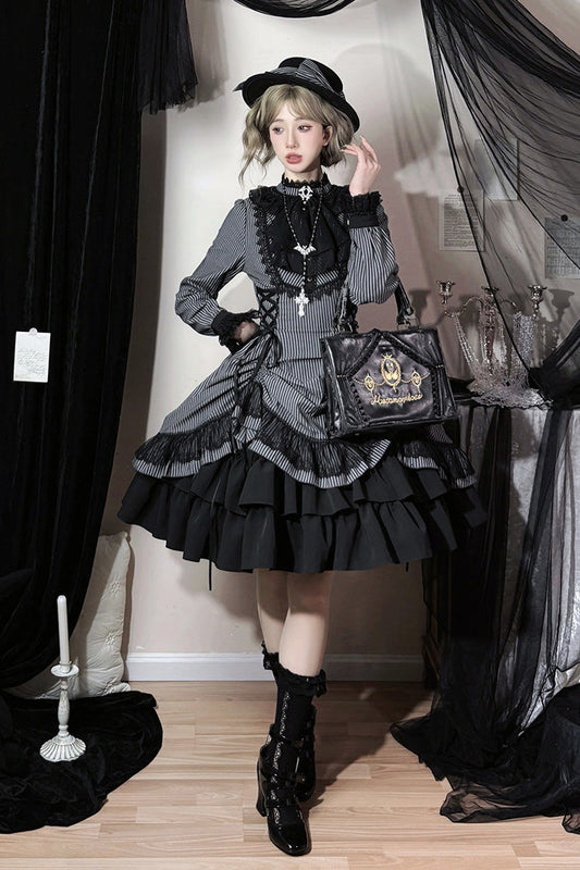 Point Manor Stand Collar Long Sleeves Multi-Layered Striped Printed Ruffled Lifted Hem Bow Gothic Lolita Dress - Black
