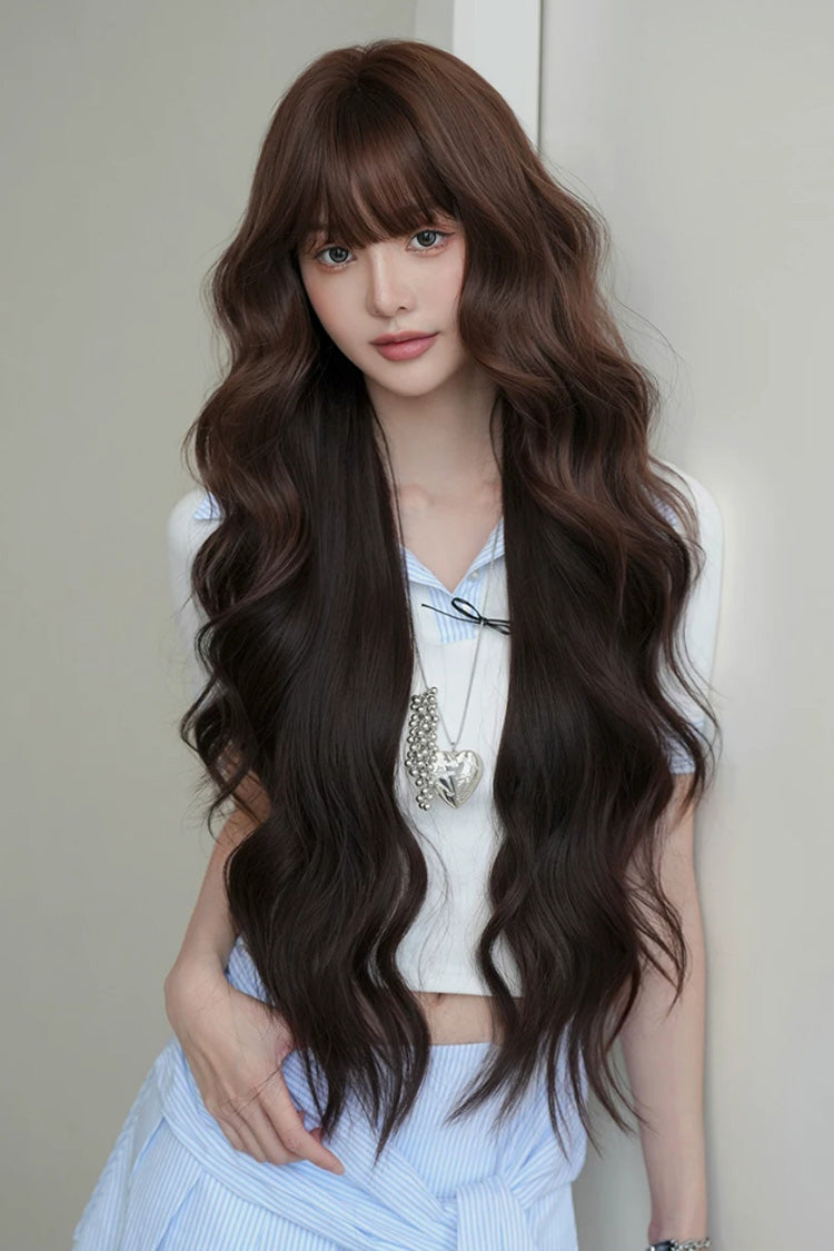 Chestnut Brown Ombre Long Wavy Wig with Air Bangs