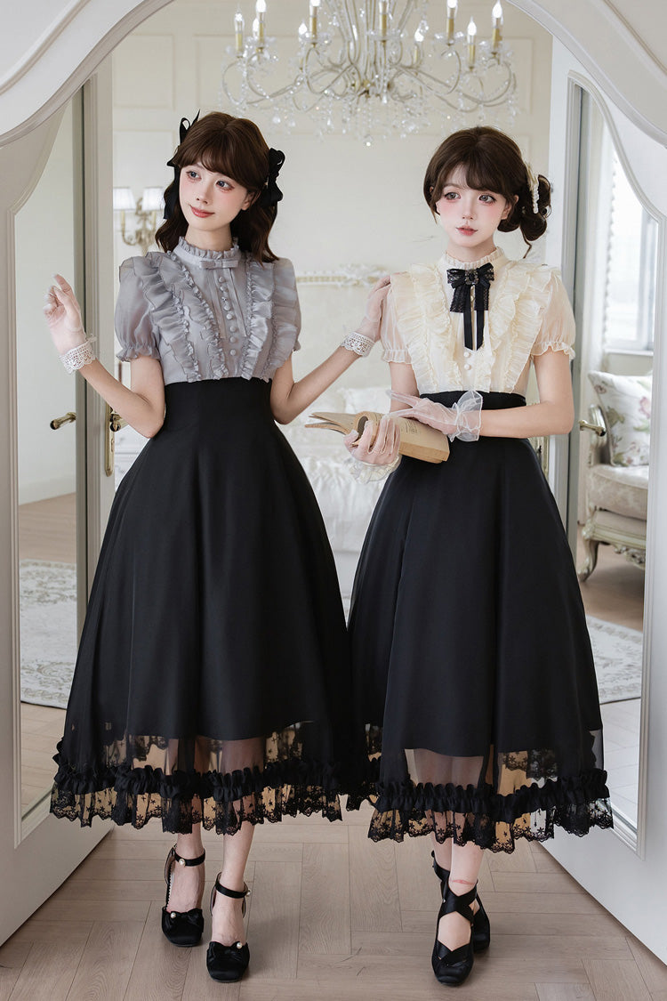 Miss Lola Snow Kiss Stand Collar Short Puff Sleeves Ruffled Color-Blocked Faux Two-Piece Sweet Lolita Long Dress 3 Colors - Black