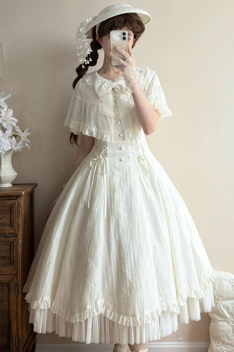 Ivory Ruffled Embroidered Lace-Up Dress with Bows - Wind Chime