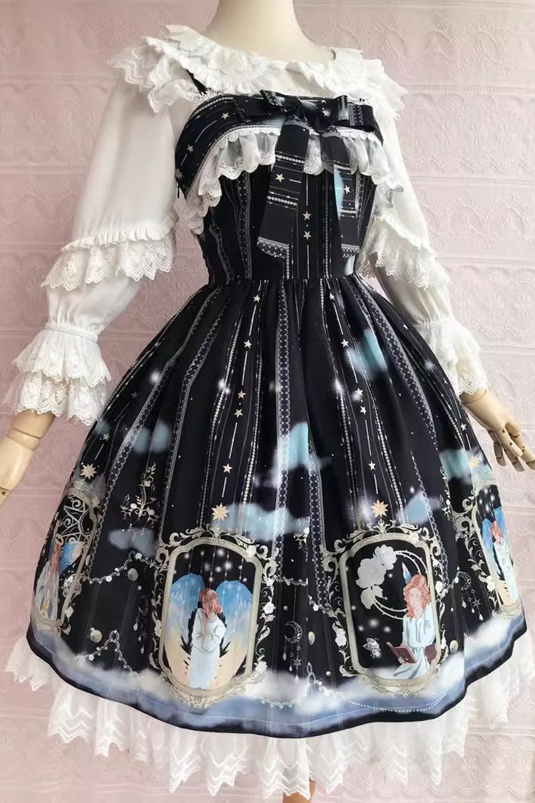 Blessing of Oriel Print Ruffled Bow Stitched Lace Sweet Lolita JSK Gown in 4 Shades