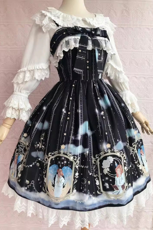 Blessing of Oriel Print Ruffled Bow Stitched Lace Sweet Lolita JSK Gown in 4 Shades