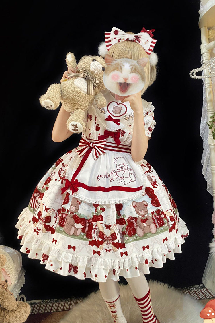 Red White Strawberry Bear Print Ruffle Bow Sweet Plus Lolita Dress