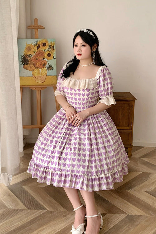 Violet Heart-Printed Ruffled Square-Neck Plus-Size Lolita One-Piece