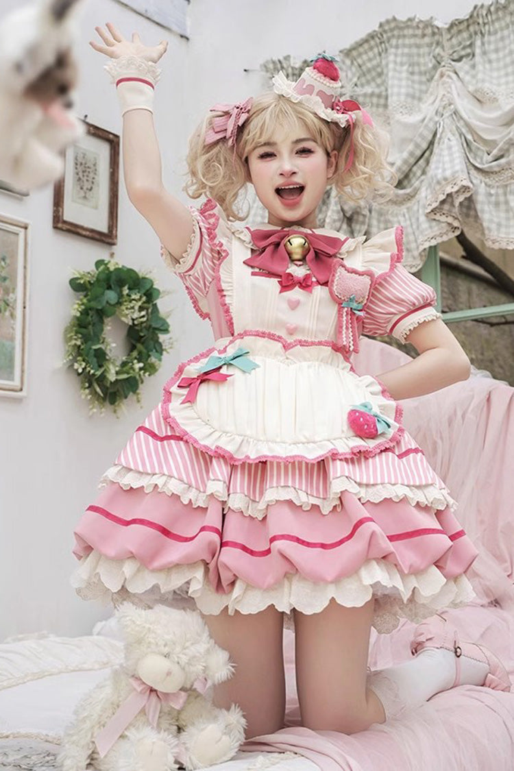 Pink Berry Bubbles Stripe Print Ruffle Bow Lace Sweet Lolita Dress