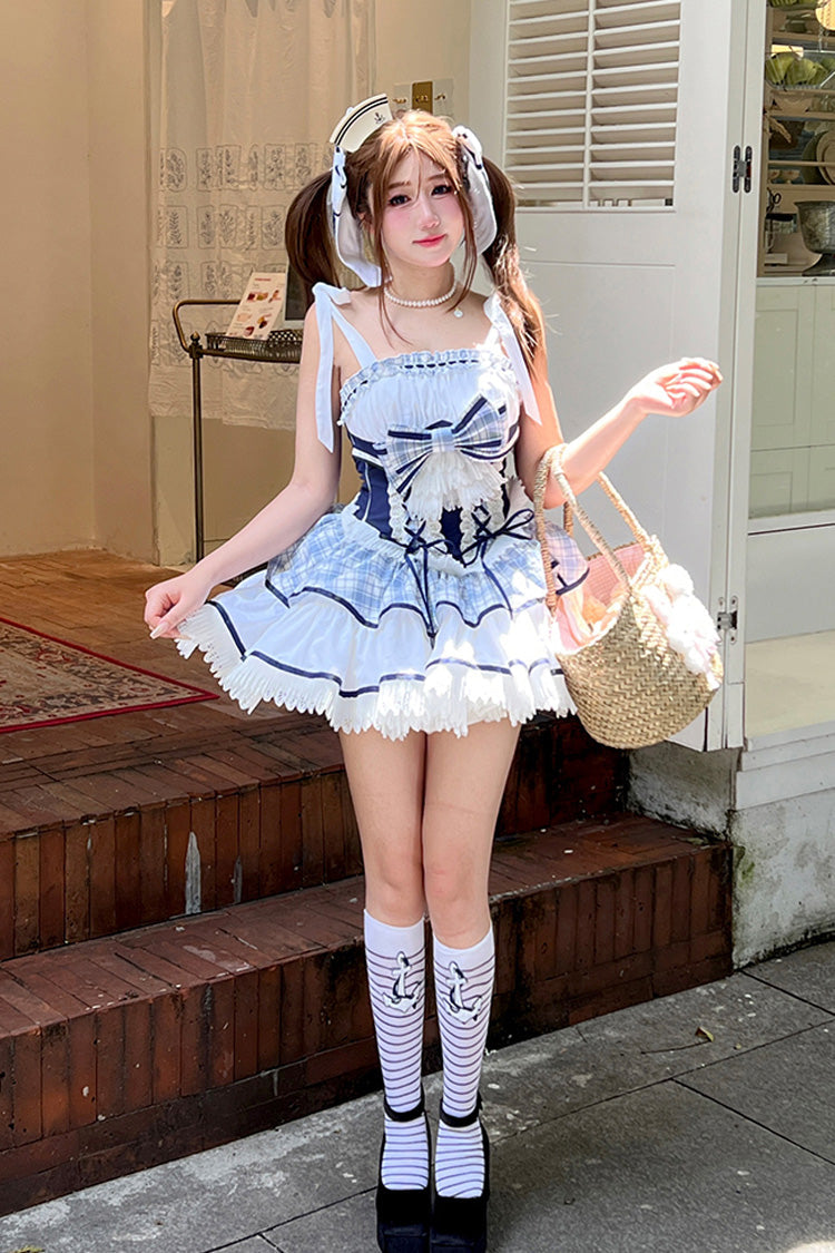 Blue/White Sailing Love Navy Collar Sleeveless Plaid Print Ruffle Ribbon Girly Lolita Dress