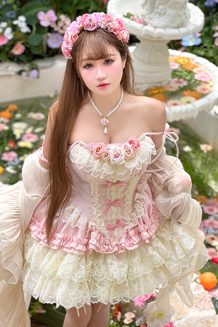 Pink Multi-Layered Ruffled Embroidered Bow Lace Sweet Lolita JSK Dress