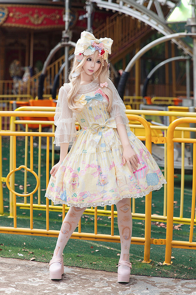 Yellow Sleeveless Sweet Lolita JSK Dress Square Collar Bow Print - Macarons Dolly House
