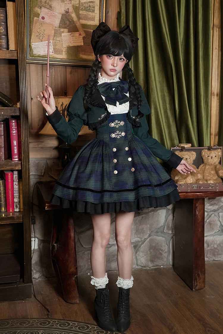 Blue Green Berlin Letter Double-Layered Plaid Print Ruffle Bowknot Classic College Style Lolita Strap Dress Set
