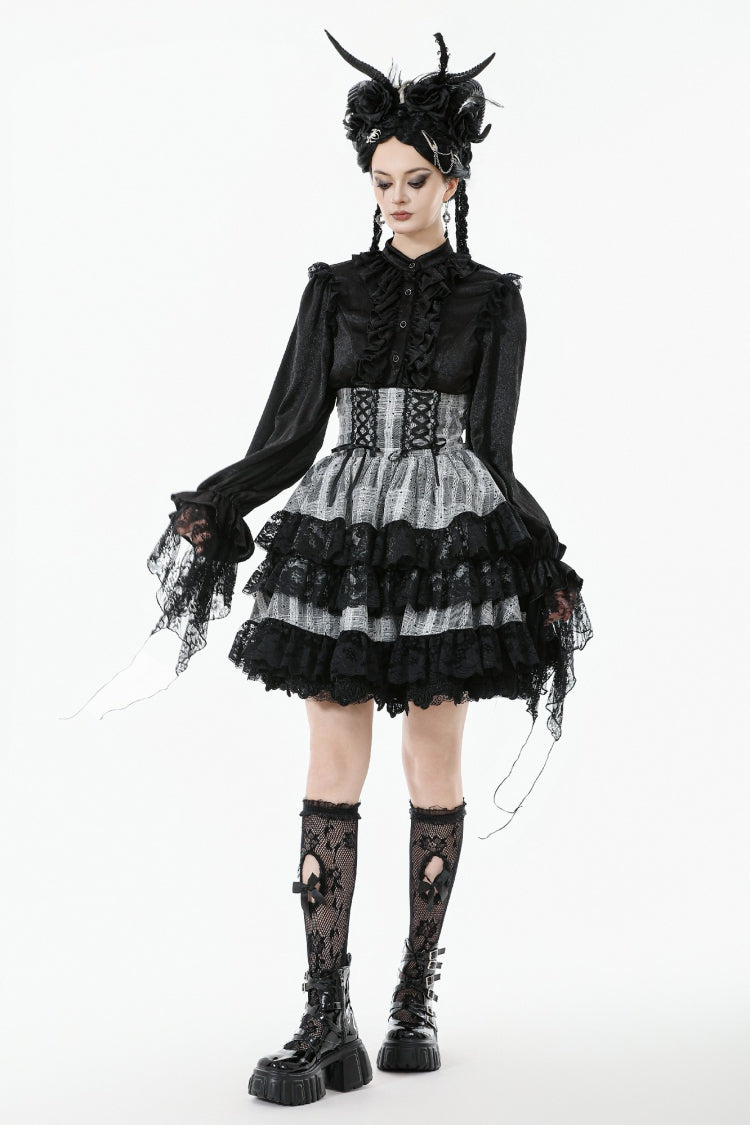 High Waist Lace-Up Ruffled Layered Hem Skirt - Lolita