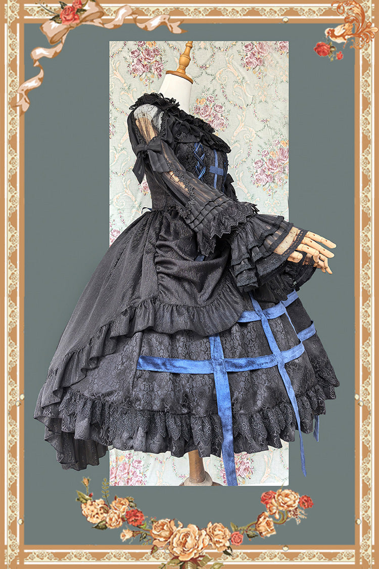 Sleeveless Printed Ruffled Bow Lace-Up Gothic Elegant Jsk Dress - Two Colors
