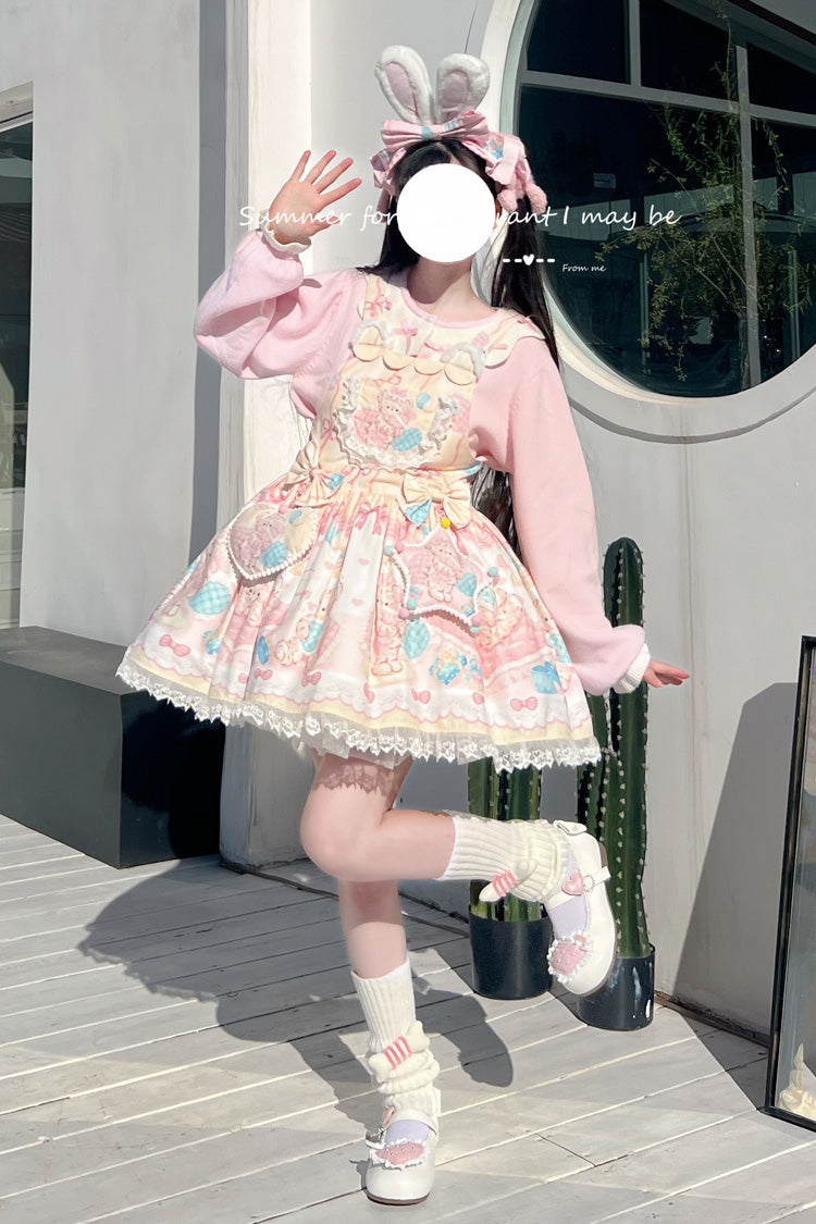 Kawaii Bears Printed Yellow Bow Stitching Lace Sweet Lolita Strap Dress - Miss Brown