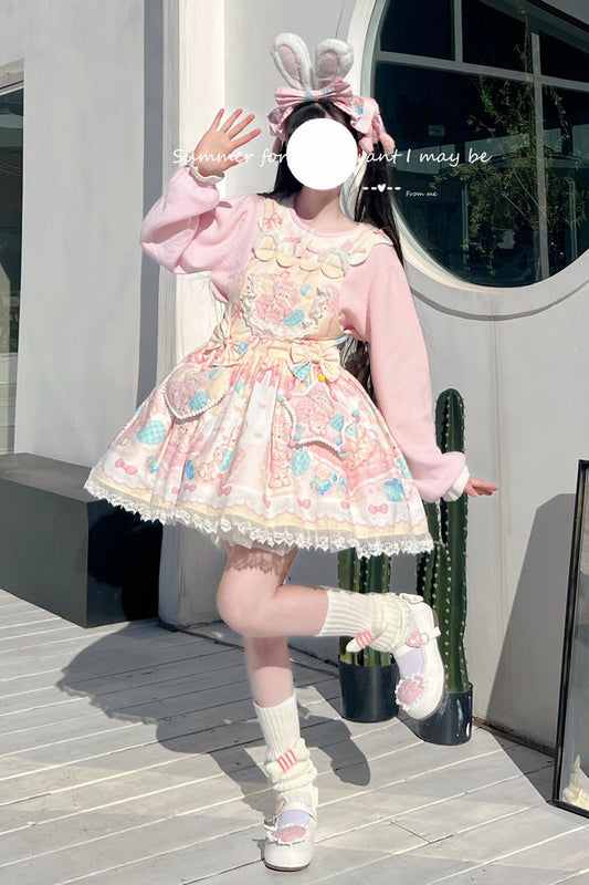 Kawaii Bears Printed Yellow Bow Stitching Lace Sweet Lolita Strap Dress - Miss Brown