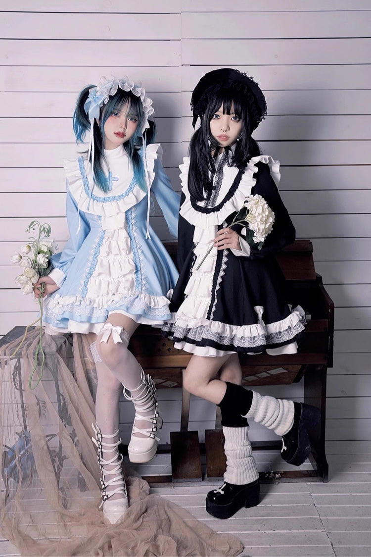 White/Black Long Sleeves Cross Print Nun Style Ruffle Multi-Layer Gothic Lolita Dress