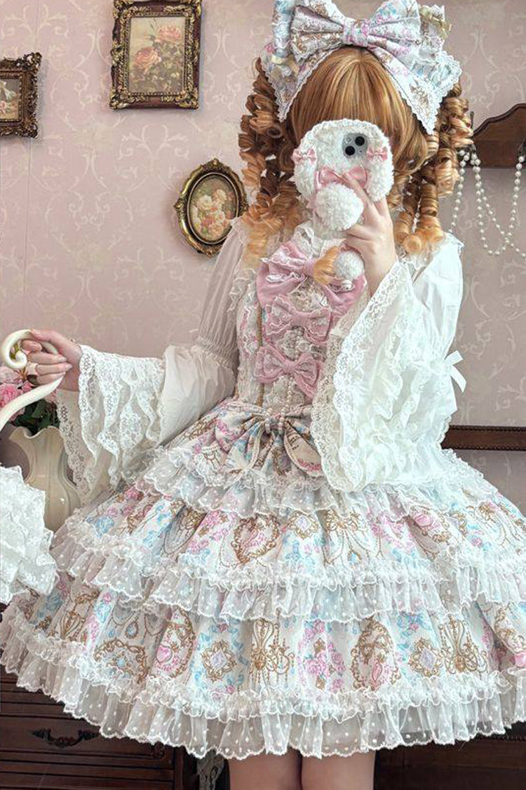 Gorgeous Apricot Sleeveless Triple-Layer Floral Ruffle Bow Lace Lolita JSK