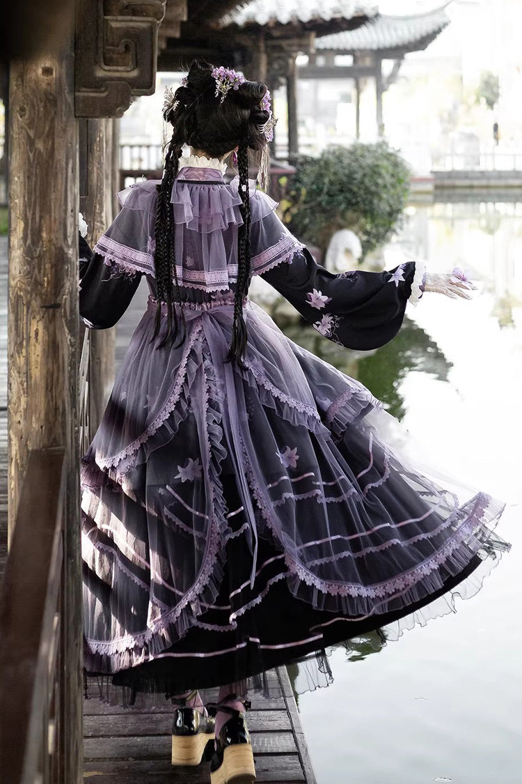 Purple Stand-Collar Embroidered Bow Elegant Chinese-Style Lolita Dress Set