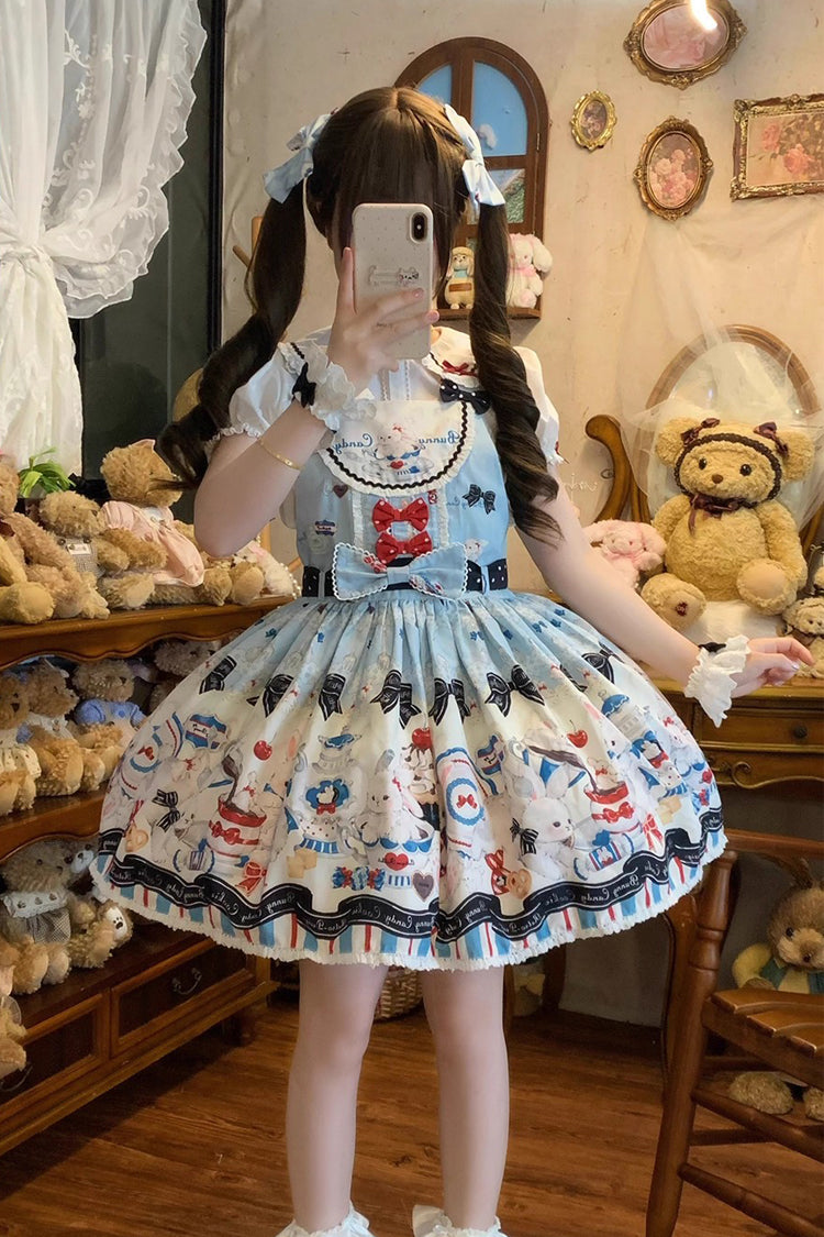Sleeveless Print Bowknot Lace Sweet Lolita Strap Dress Blue
