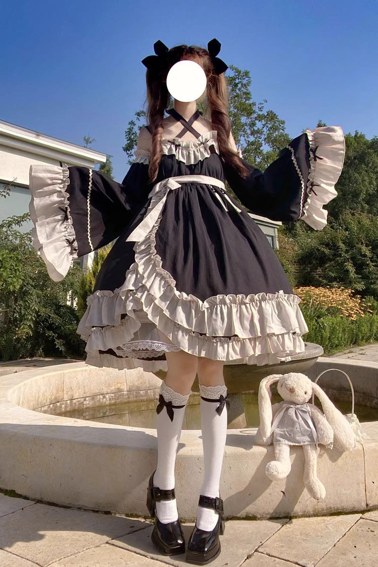 Sleeveless High Waist Ruffle Bow Asymmetric Gothic Lolita Jumper Dress - Black