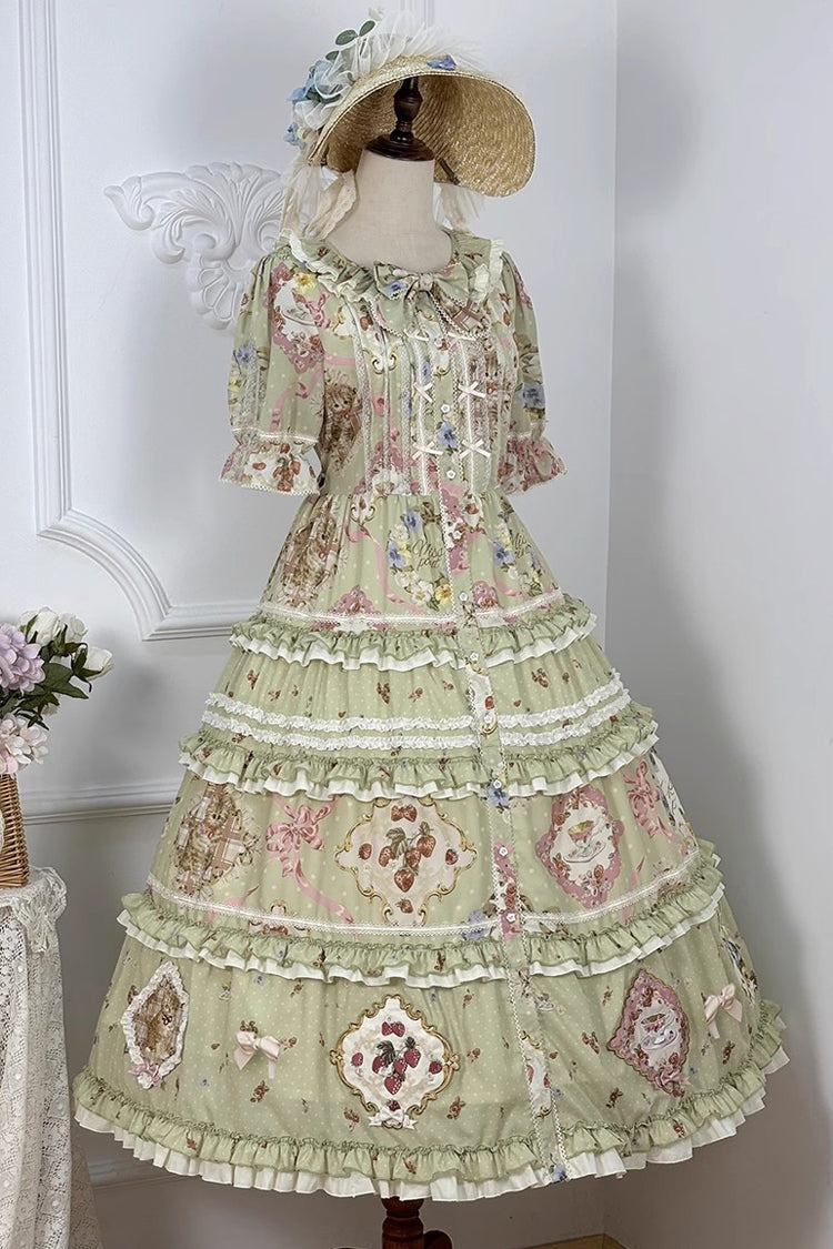 Green Short Sleeve Print Ruffle Cardigan Bowknot Gorgeous Dress