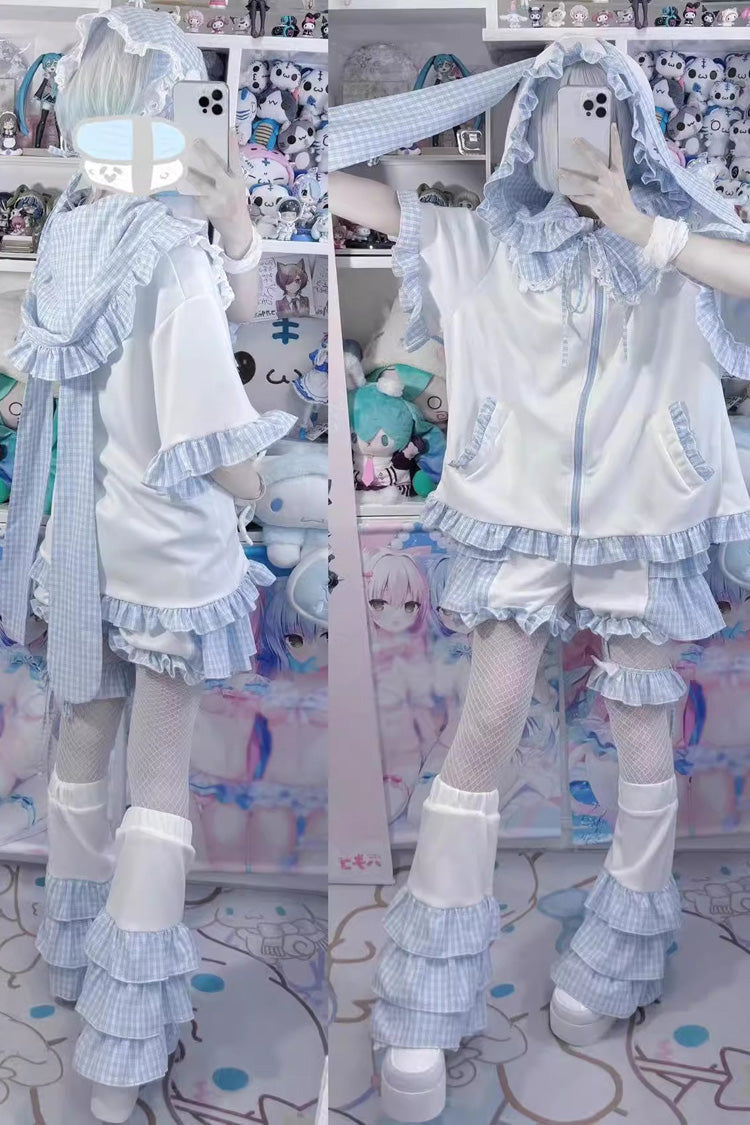 White/Blue Heart Signal Half Sleeve Plaid Print Hooded Sweet Jirai Kei Japanese Jacket