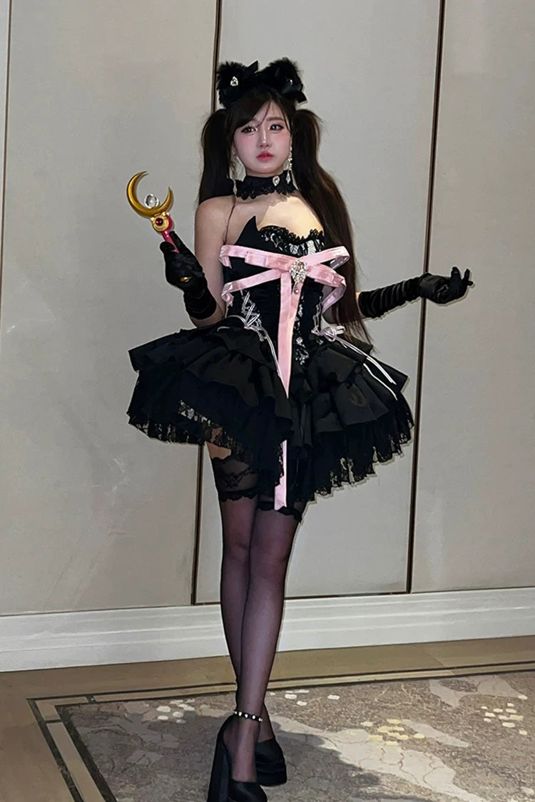 Princess Ballet Gothic Lolita JSK Dress with Ruffled Bow and Lace-Up - Black