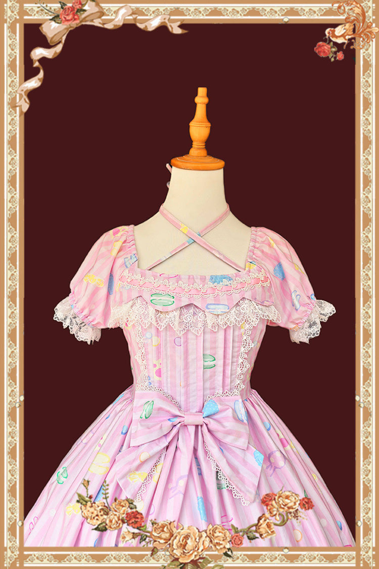 Pink Square Collar Lantern Sleeve Sweet Lolita Dress with Bow Print - Macarons Dolly House