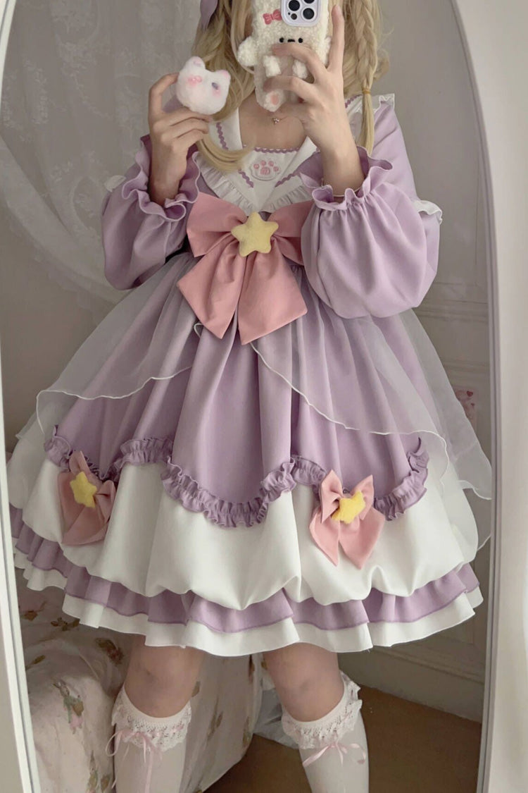 Pray Star Sweet Lolita Dress with Double Ruffles and Stitching