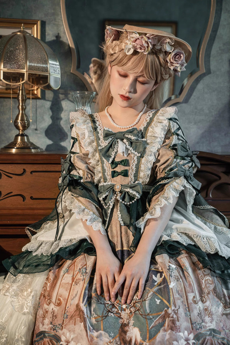 Emerald Stunning Short-Sleeve Frill Bow Print Classic Gown
