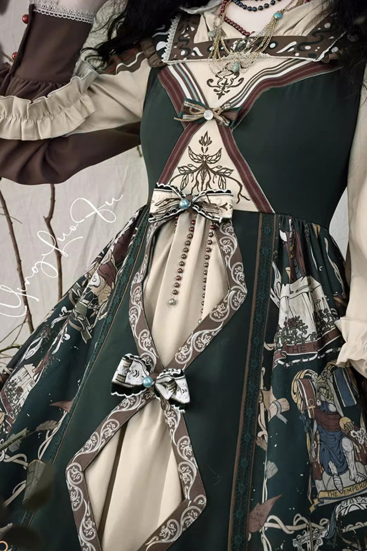 Tarot Print Puff-Sleeved Lolita Dress with Ruffles & Bow