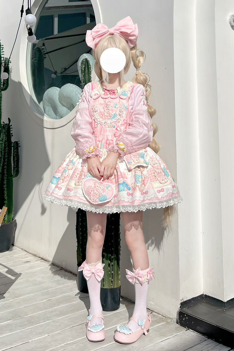 Kawaii Bears Printed Pink Bow Stitching Lace Sweet Lolita Strap Dress - Miss Brown