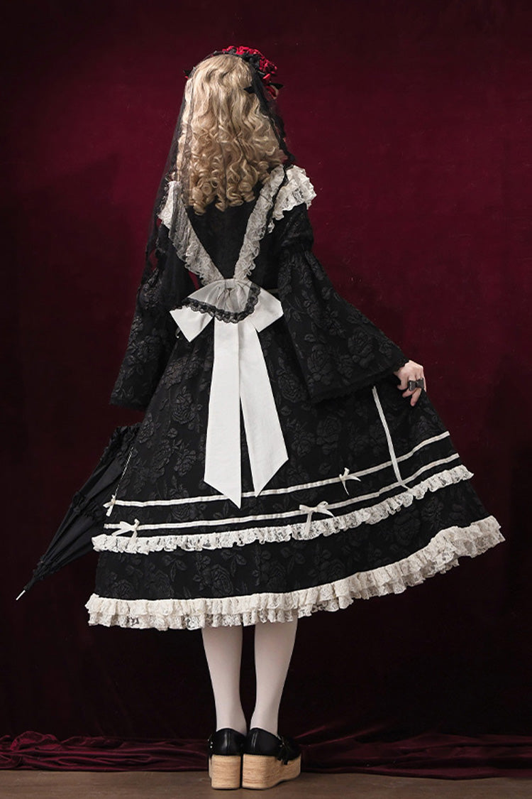Black Double-Layered Ruffled Embroidered Bow Lace Gothic Nun Dress - Rose Choir