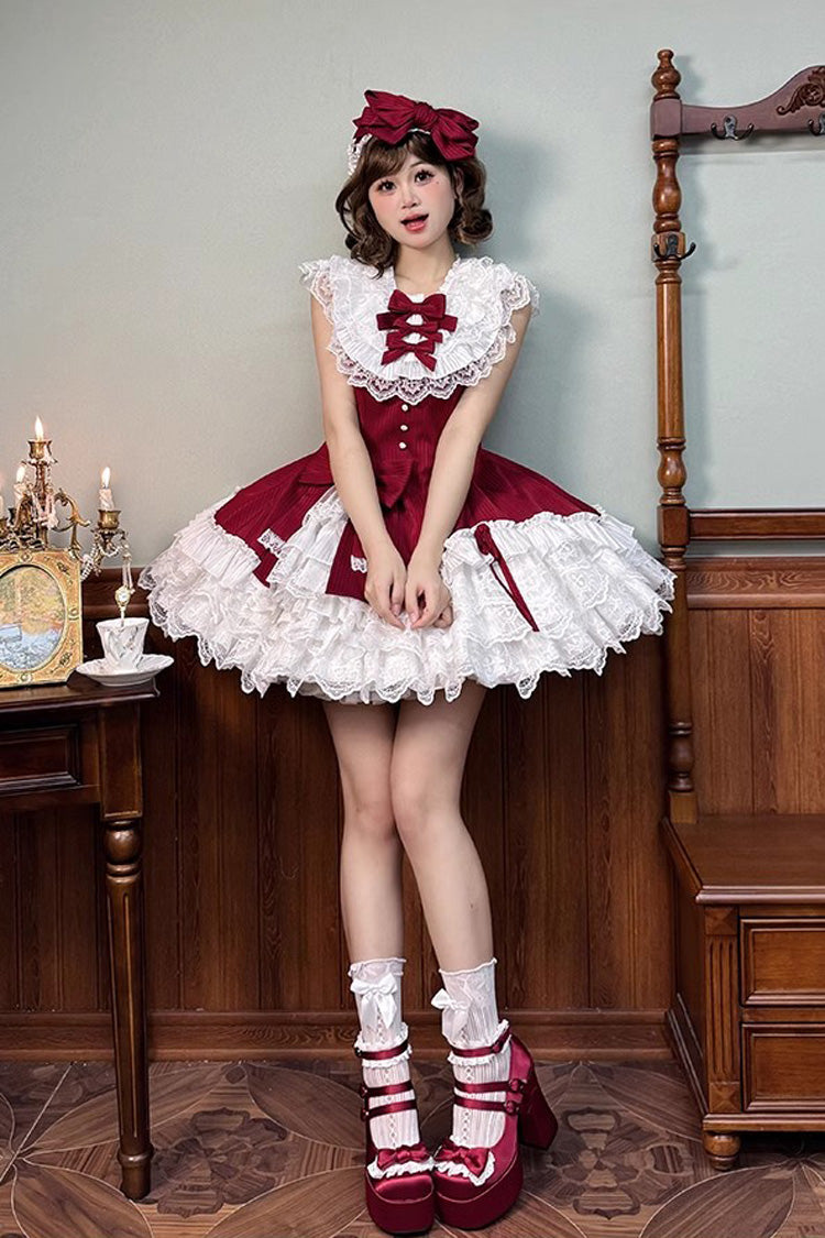 Red Asymmetric Lace Bow Sleeveless Multi-Layer Ruffle Sweet Lolita Dress - Miss Tsundere