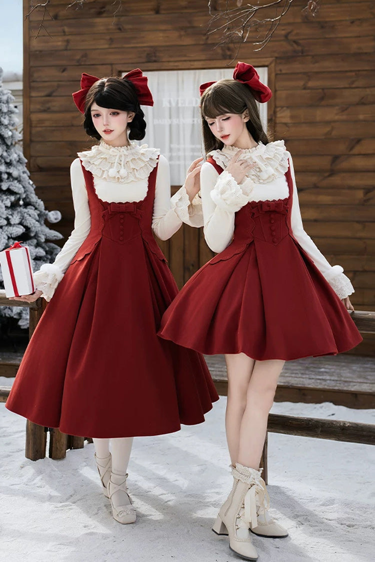 Classic Elegant Lolita Bandeau Dress with Embroidered Bow - Red