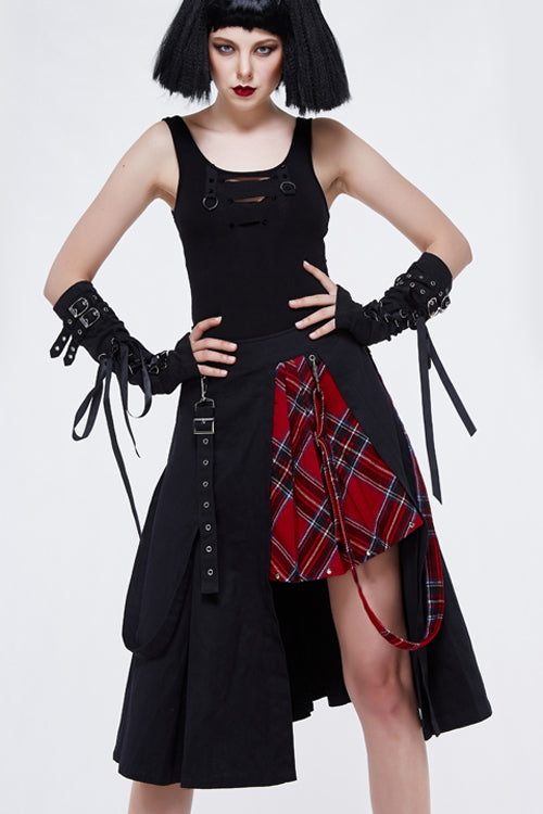 Red & Black Scottish Plaid Punk Skirt with Loops