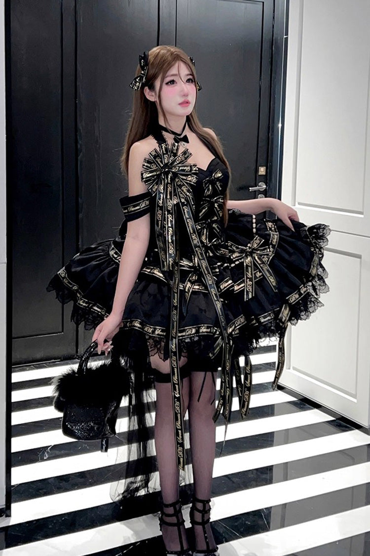 Halterneck Sleeveless Multi-Layered Ruffled Bow Elegant Princess Gothic Dress