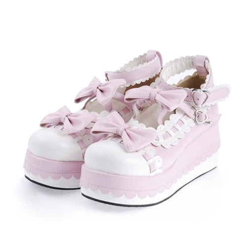 Rose Faux Leather Rounded Toe Ankle Strap Bow Decor Platform Lolita Footwear